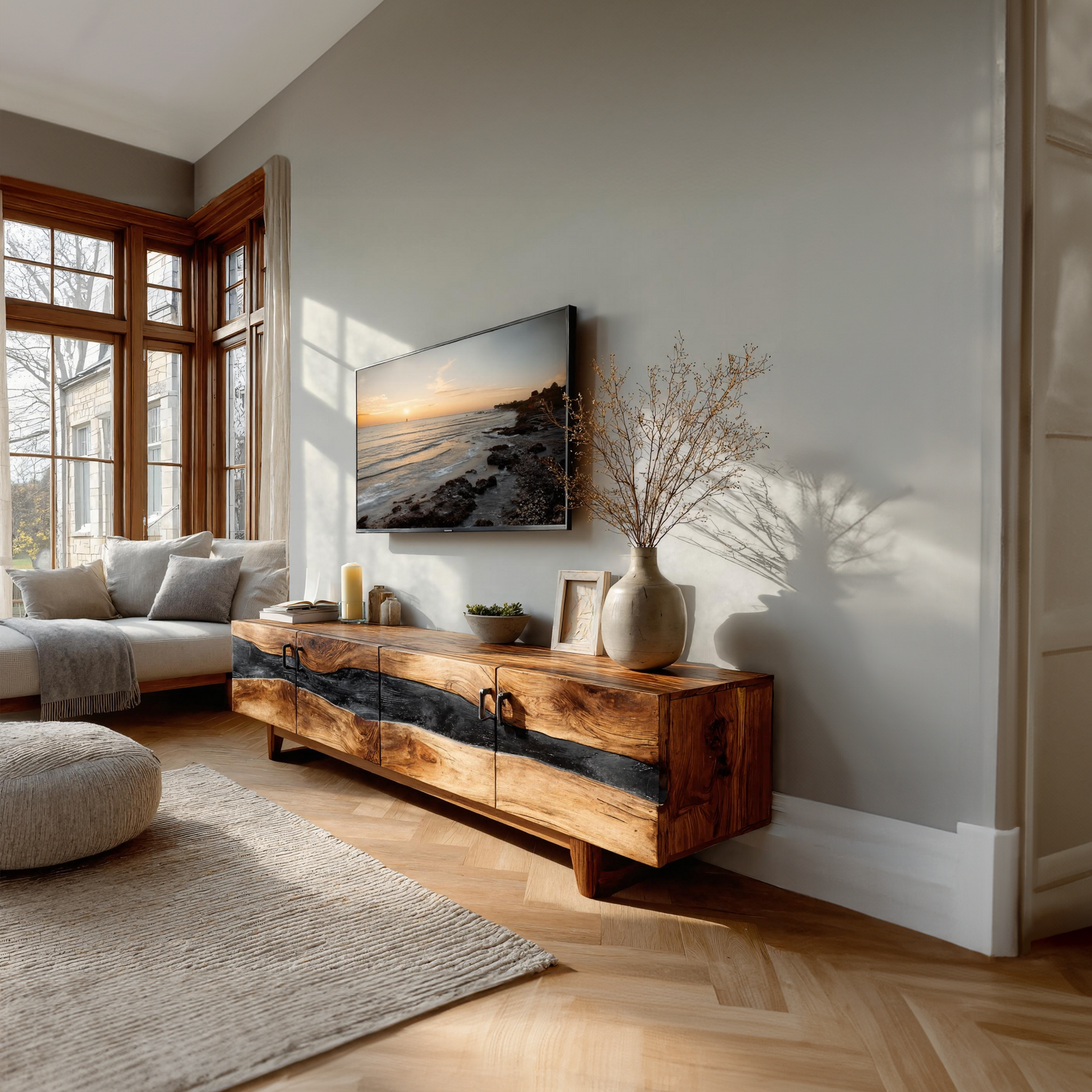 Mid Century Rustic Wooden TV Stand For Living Room