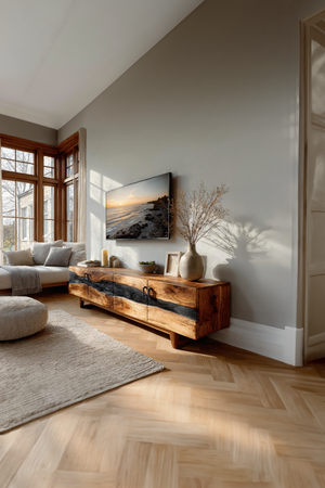 Mid Century Rustic Wooden TV Stand For Living Room