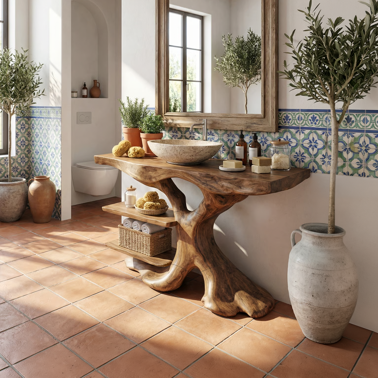 Handcrafted Solid Wood Bathroom Vanity With Shelf For Natural Bathroom