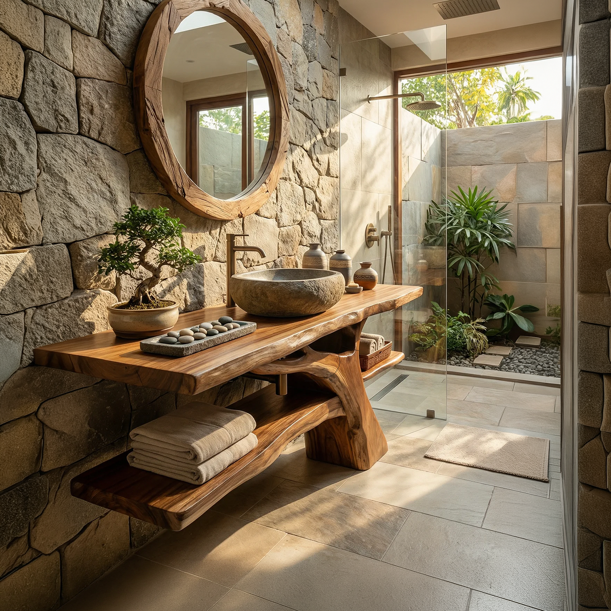 Mid Century Solid Wood Bathroom Vanity Sculptural Live Edge For Bathroom