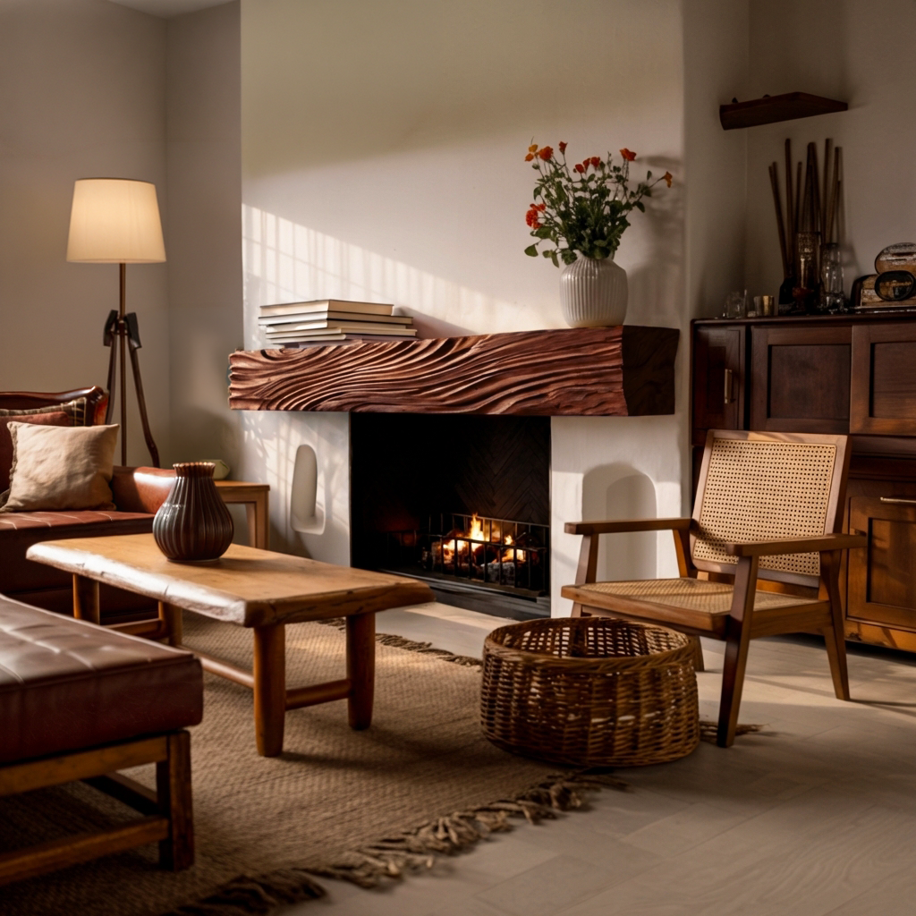 Rustic Fireplace Shelf With Wave Carved For Cozy Living Room