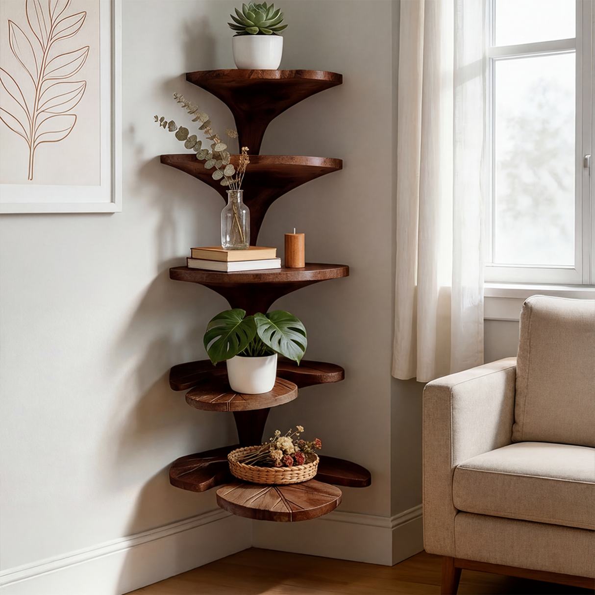 Rustic Leaf Corner Shelf Living Room Wall Decor Display
