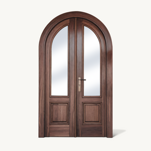 Arched Double Entry Door With Glass Panels For Mediterranean And Spanish Homes