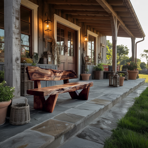 Handcrafted Outdoor Bench With Live Edge Backrest For Garden