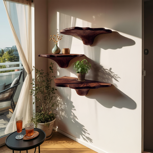 Handcrafted Wooden Mushroom Shelf For Artistic Living Room Decor