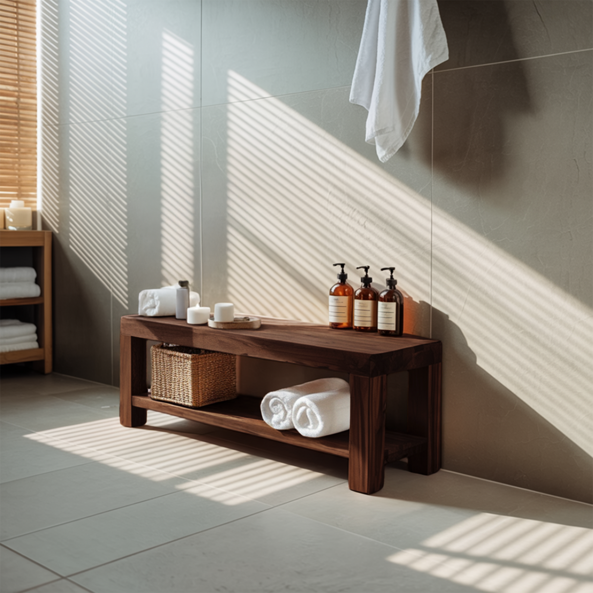 Minimalist Shower Bench With Storage Shelf For Bathroom