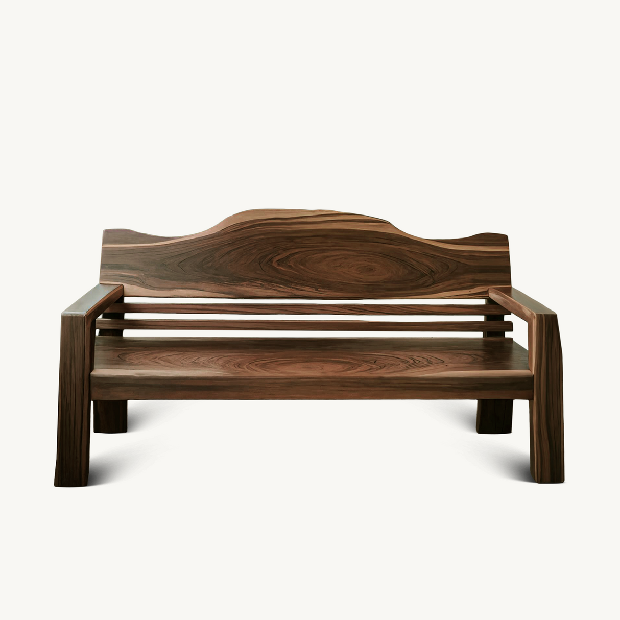 Rustic Outdoor Wooden Bench With Curved Backrest For Garden Or Porch