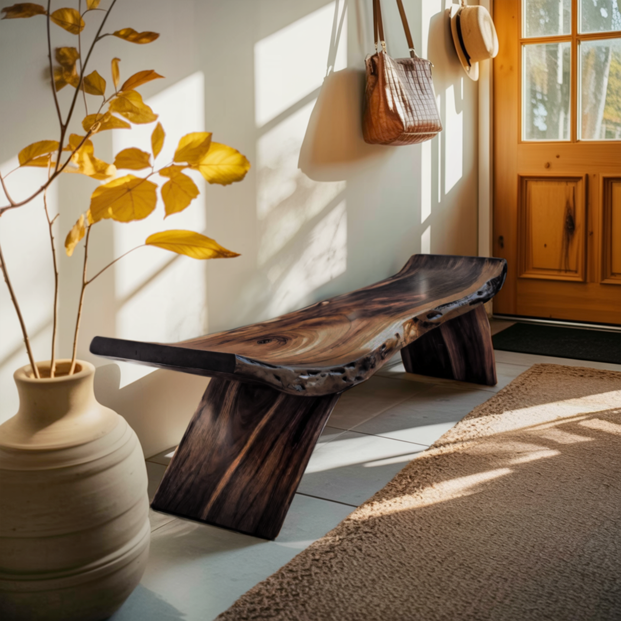 Rustic Live Edge Bench With Organic Curves For Entryway
