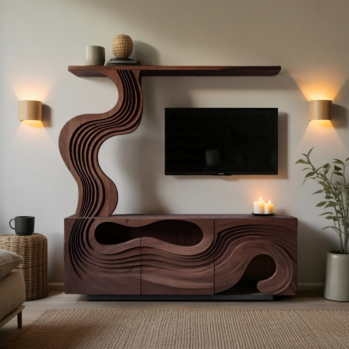Sculptural TV Console With Wave Layers Entertainment Cabinet For Living Room And Media Wall