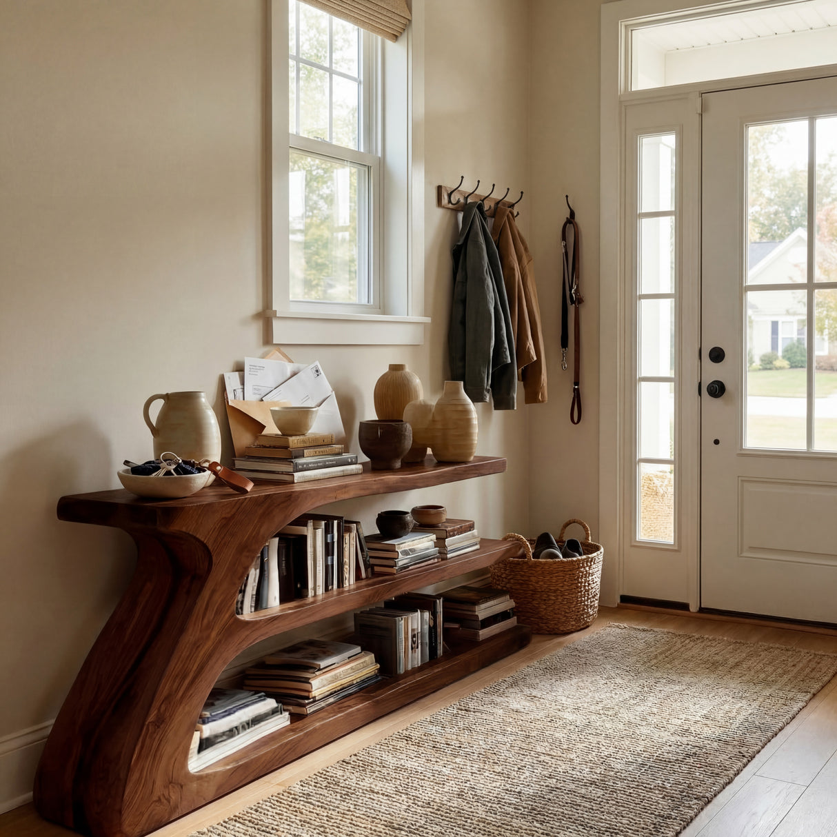 Modern Organic Wood Console Table With Shelf For Living Room