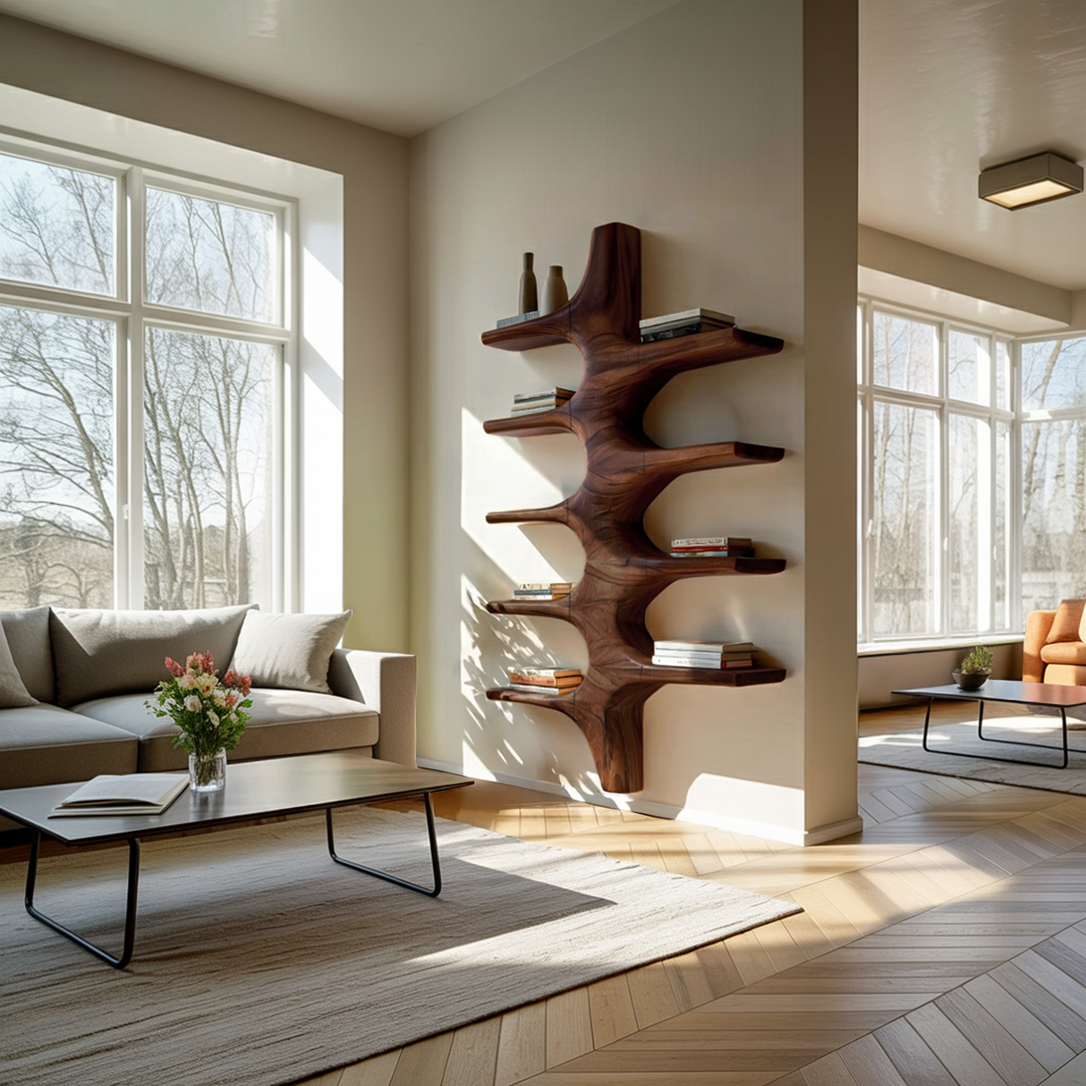 Sculptural Wood Wall Mounted Bookshelf For Modern Living Room