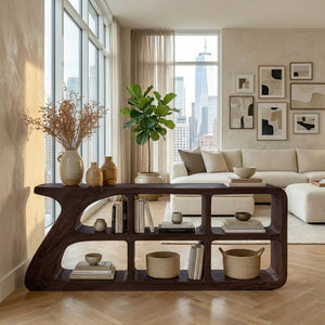 Organic Wood Console Table With Cubby Storage For Living Room