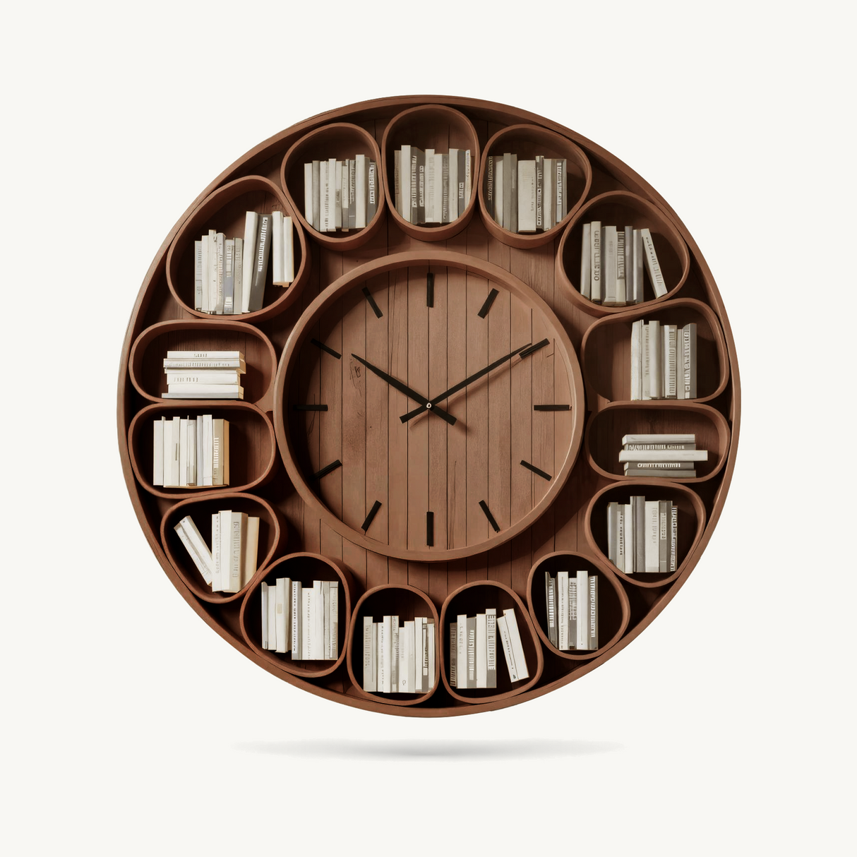 Contemporary Round Wall Bookshelf With Clock For Living Room And Home Office