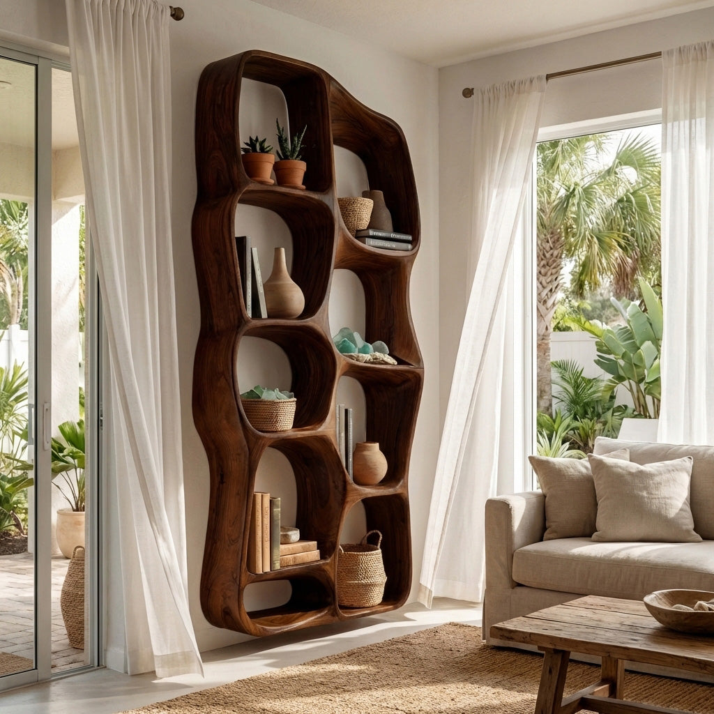 Modern Sculptural Wooden Wall Mounted Shelf For Living Room