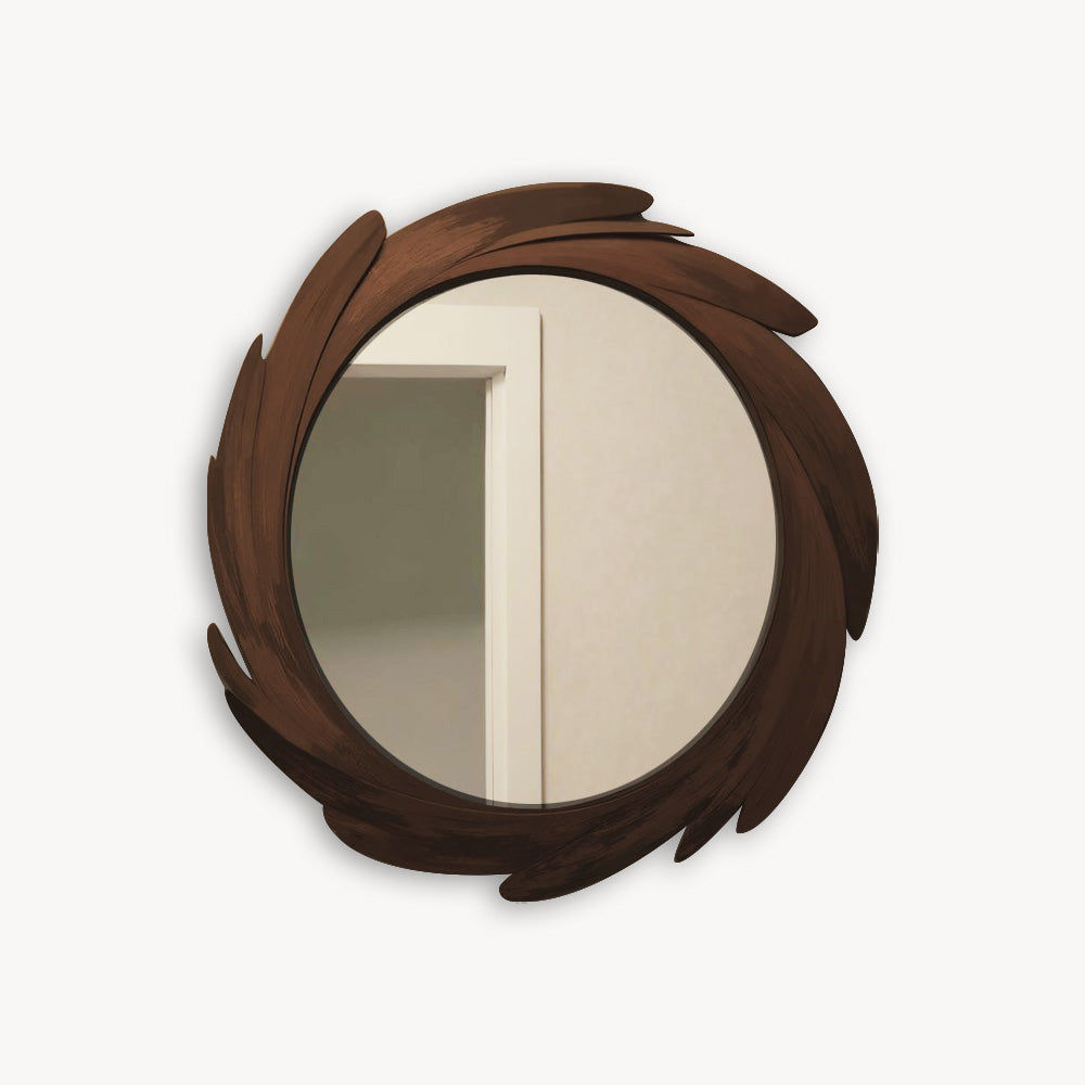 Artistic Round Wall Mirror With Carved Frame For Bathroom And Entryway