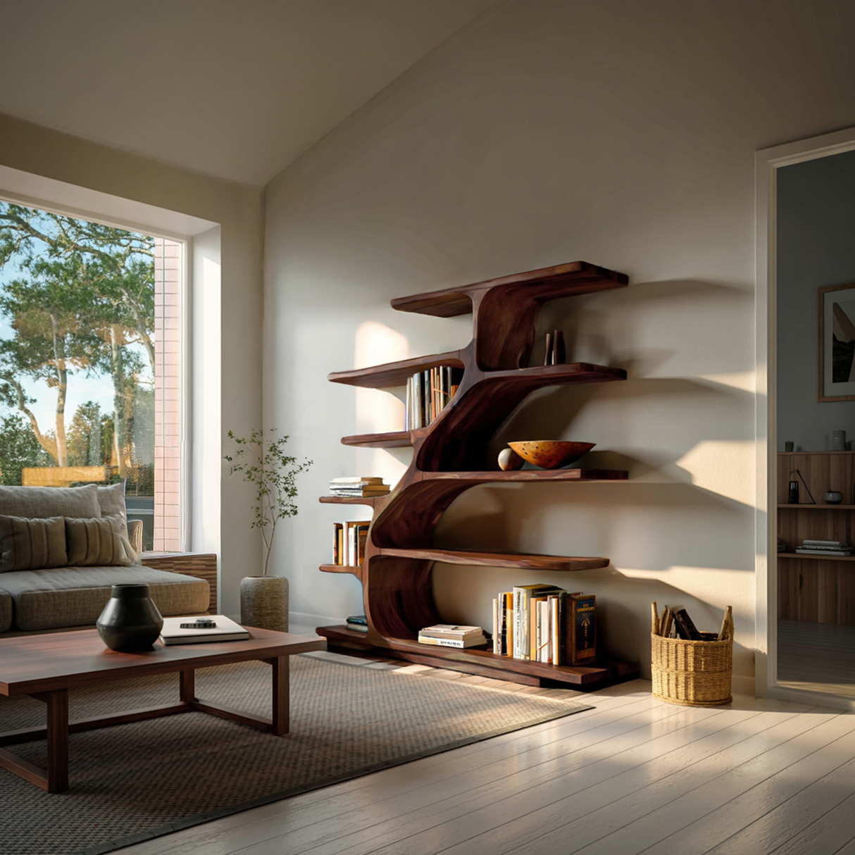 Organic Modern Bookshelf With Flowing Curves For Home Decor
