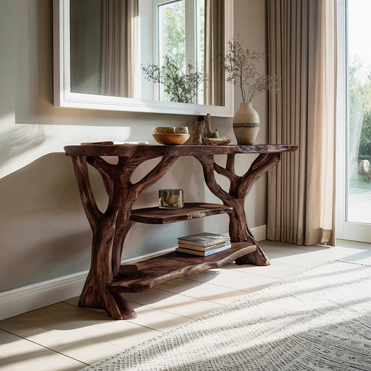 Mid Century Wooden Live Edge Console Table For Modern Furniture Decor