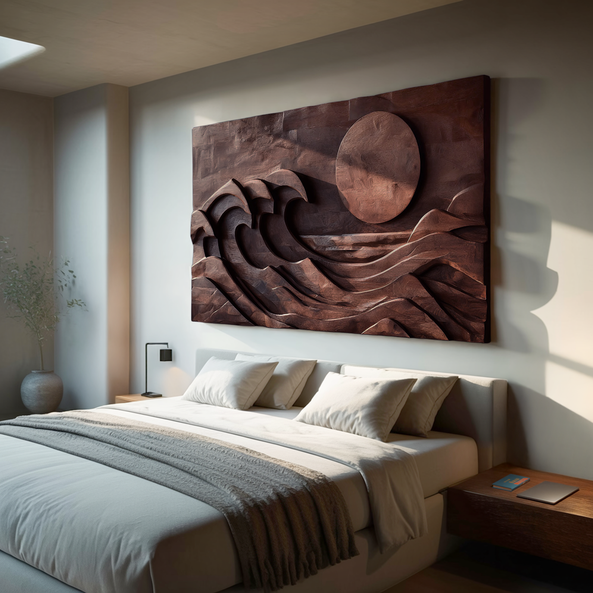 Modern Carved Wall Art Waves And Sun For Home Decor