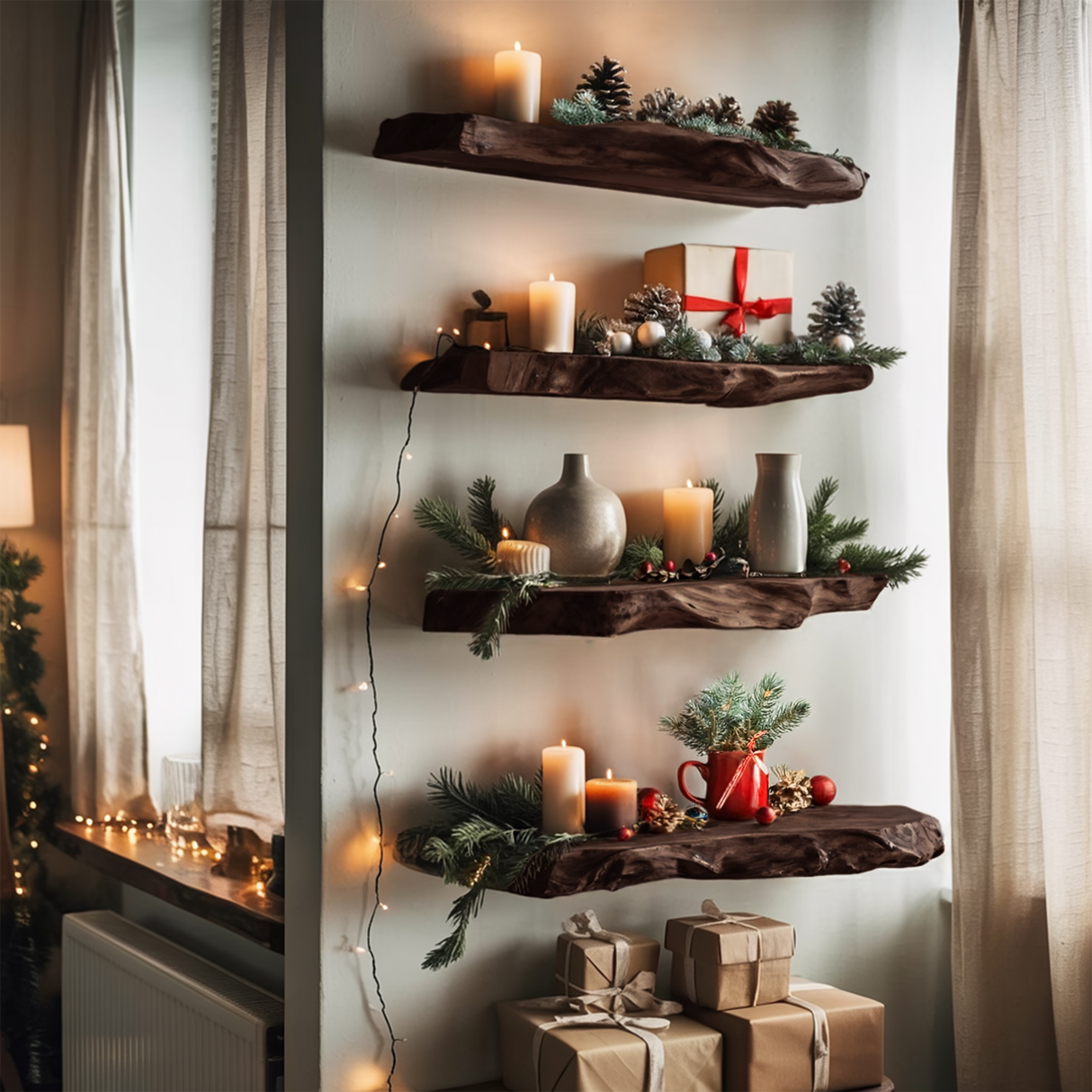 Handcrafted Solid Wood Floating Shelf For Cozy Christmas Living Room