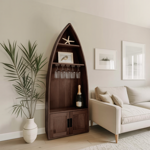 Coastal Boat Shaped Shelf With Glass Rack For Beach House And Living Room