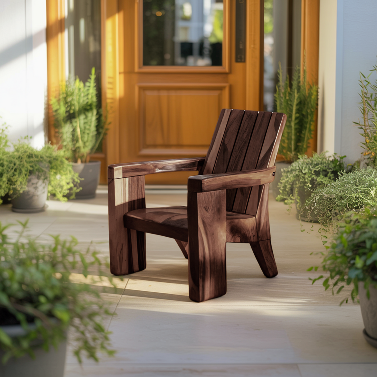 Rustic Outdoor Wooden Lounge Chair With Armrests For Garden Or Porch