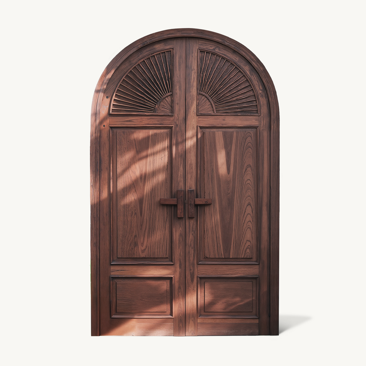Mediterranean Arched Entry Door With Carved Sunburst For Garden And Villa