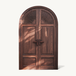 Mediterranean Arched Entry Door With Carved Sunburst For Garden And Villa
