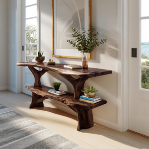 Mid Century Wooden Live Edge Console Table For Apartment Living Room