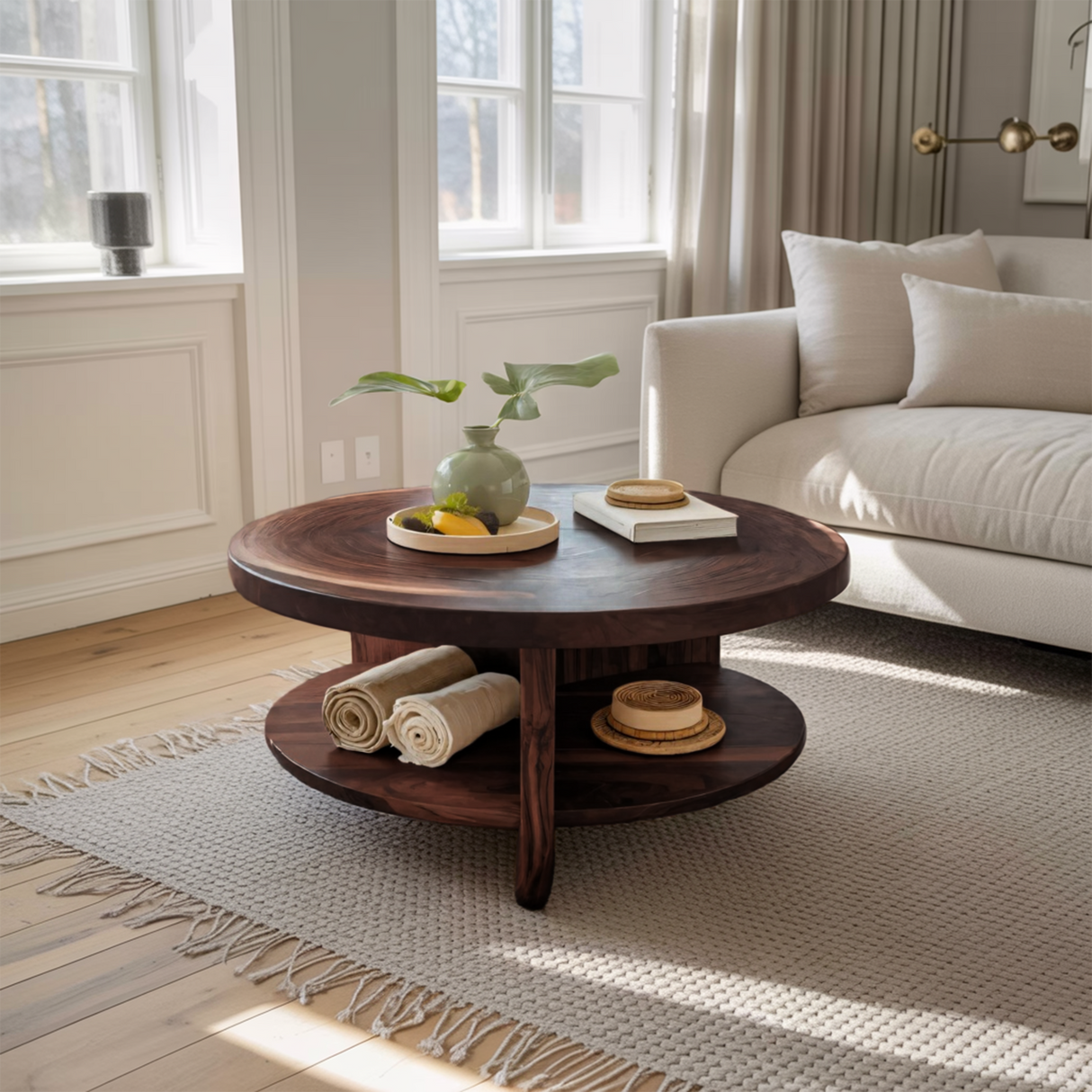 Tropical Round Coffee Table With Shelf For Coastal Living Room And Lounge