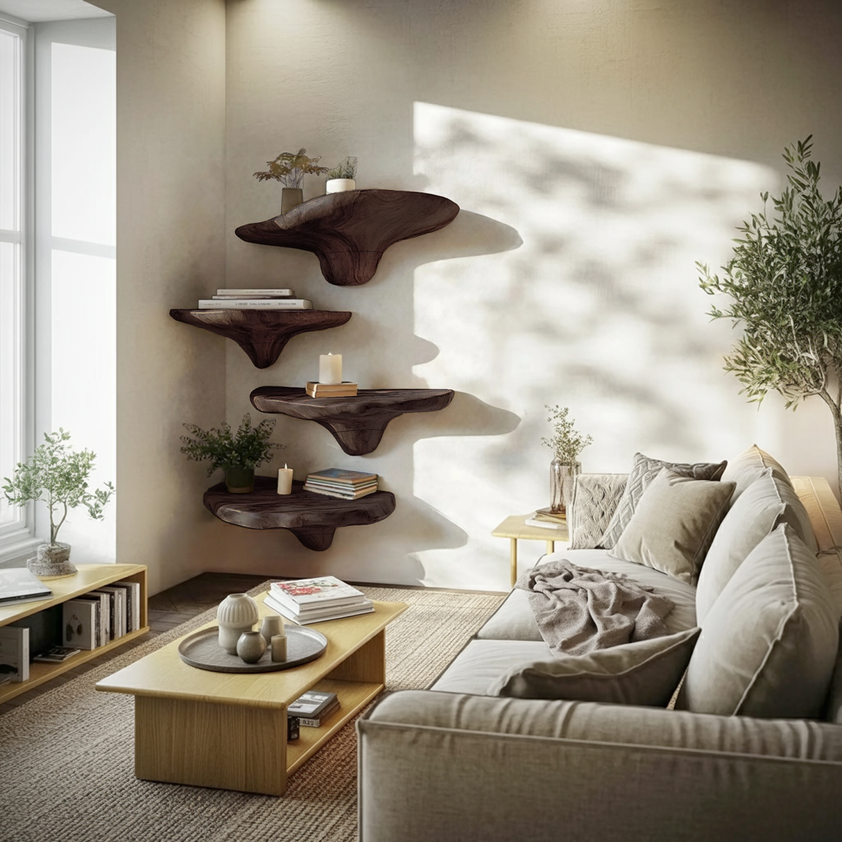 Mid Century Wooden Live Edge Mushroom Shelf For Organic Interior Decor