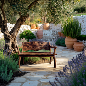 Outdoor Wood Bench With Wave Carved Backrest For Exterior
