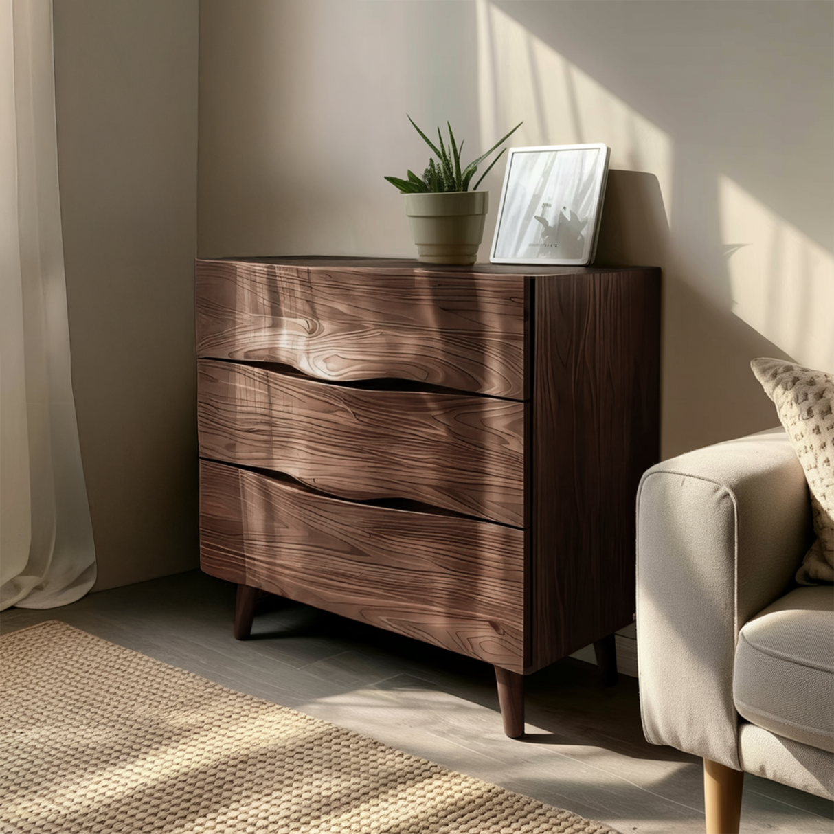Modern Wooden Cabinet With Curved Handles For Bedroom Storage