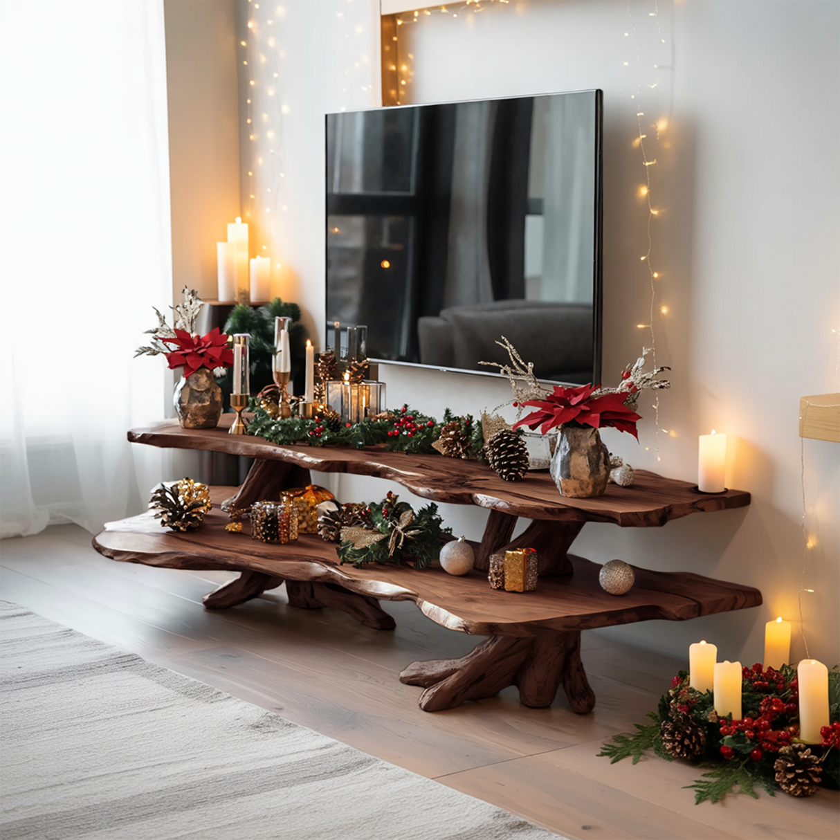 Mid Century Wooden Live Edge TV Console For Holiday Bedroom Christmas