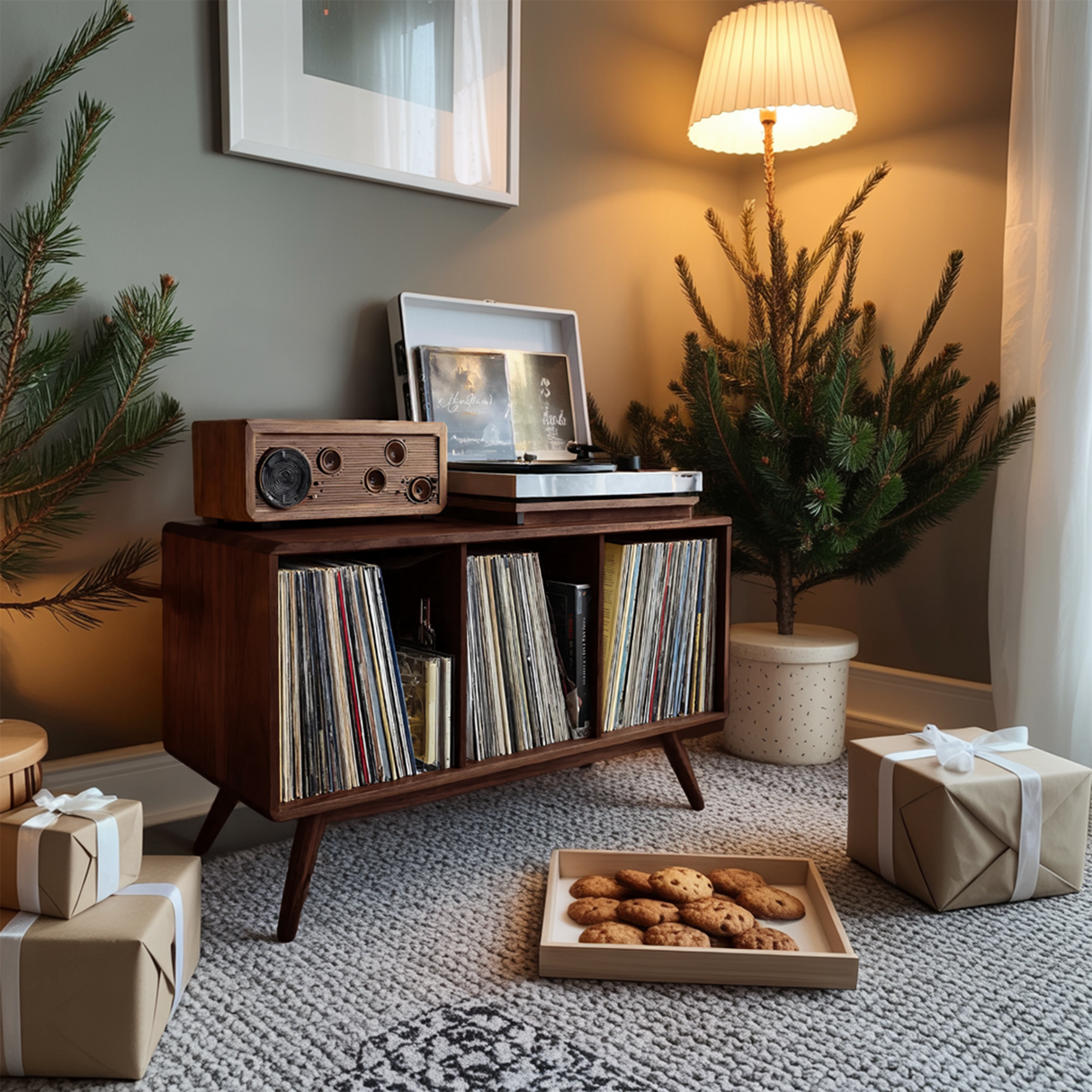 Mid Century Solid Wood Record Stand For Furniture Christmas