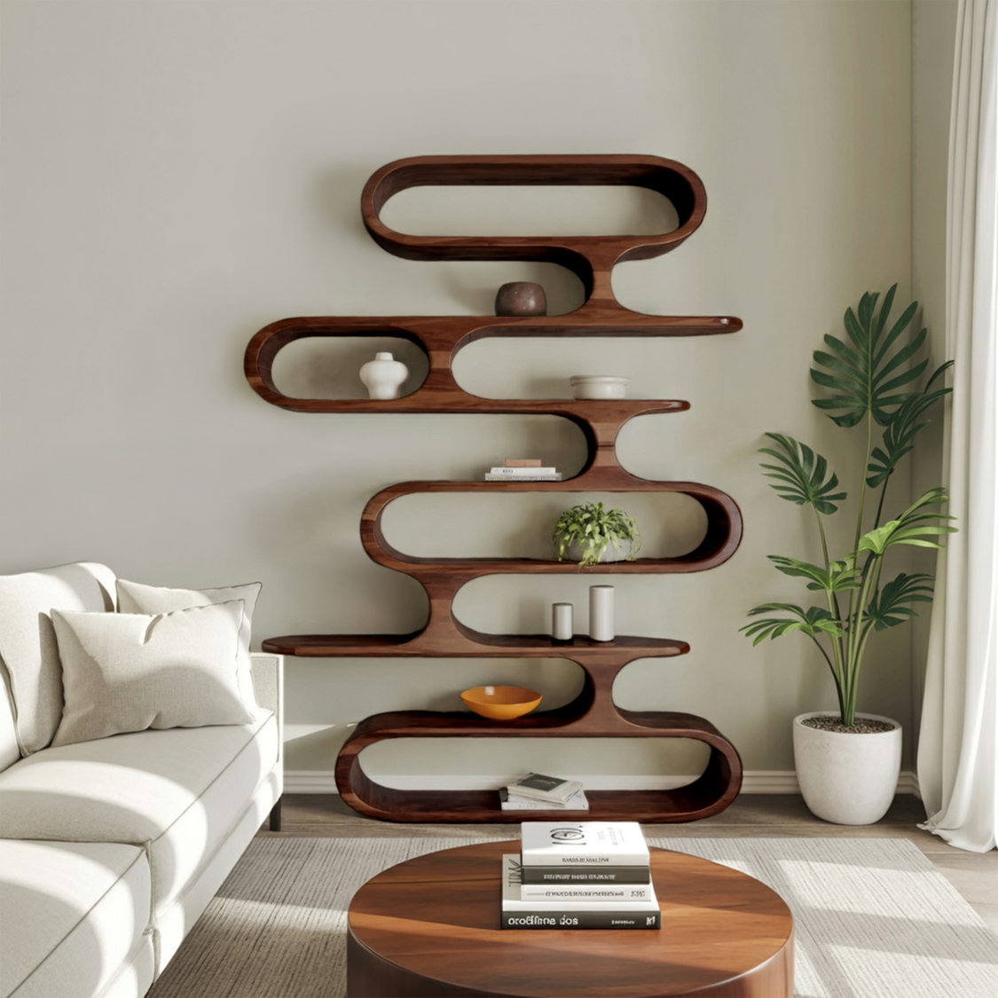 Mid Shelf Mid Century Modern Wall Shelf With Flowing Shape For Living Room And O ...