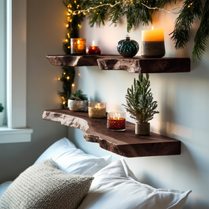 Mid Century Wooden Floating Shelf For Cozy Christmas Bedroom Setup