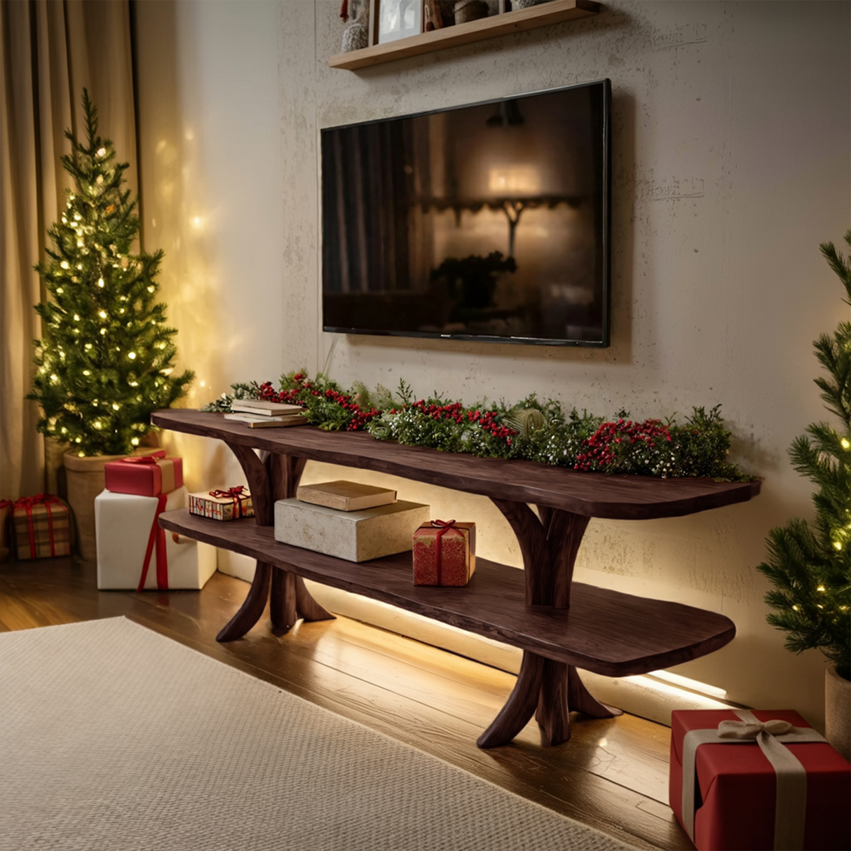 Mid Century Wooden Live Edge TV Console For Christmas Living Room Decor