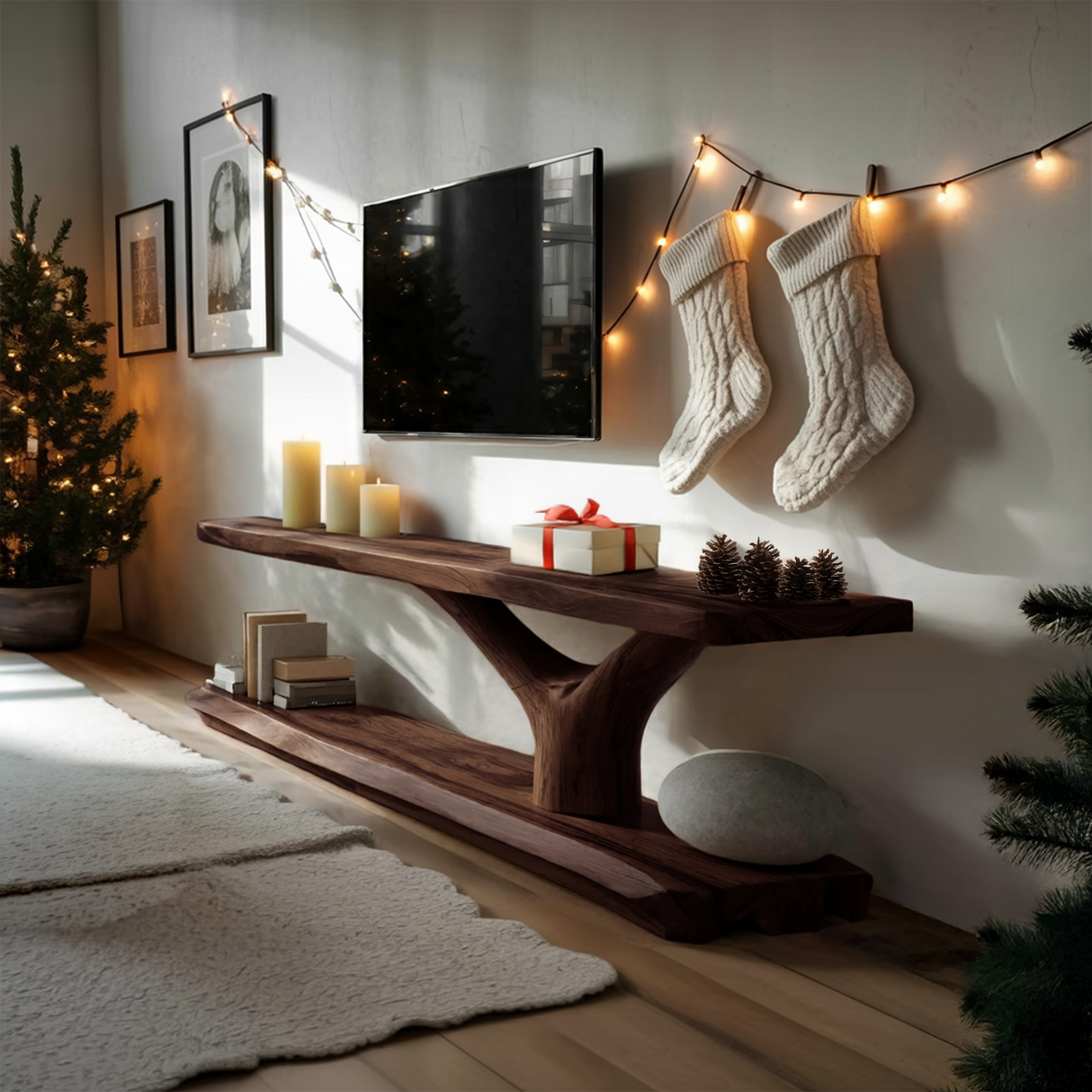 Farmhouse Wooden Live Edge TV Console For Christmas Bedroom Decor