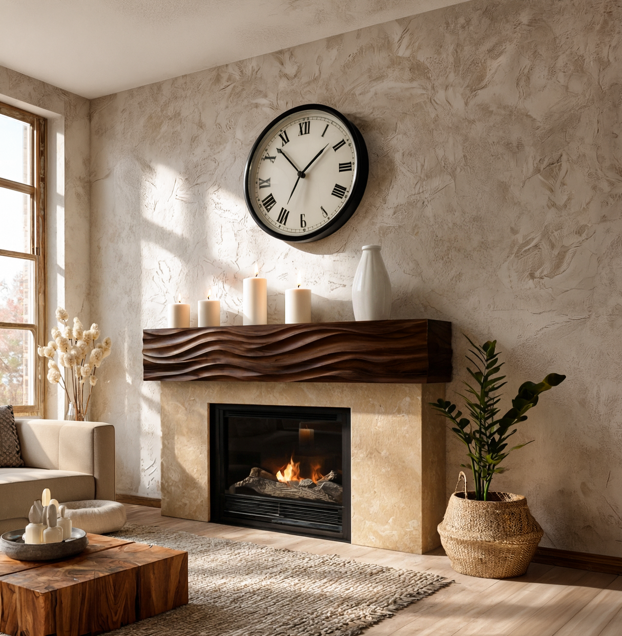 Rustic Wooden Fireplace Shelf With Wave Carved For Living Room