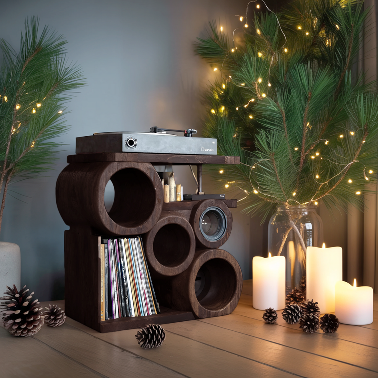 Farmhouse Solid Wood Record Stand For Rustic Christmas Home