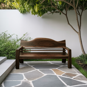 Rustic Outdoor Wooden Bench With Curved Backrest For Garden Or Porch