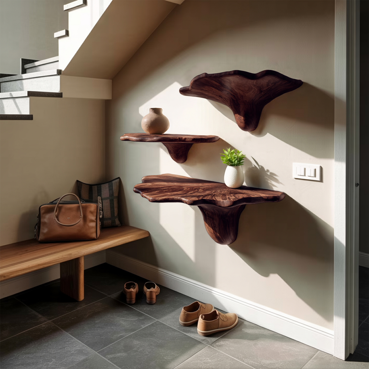 Farmhouse Solid Wood Mushroom Shelf For Rustic Living Room Decor