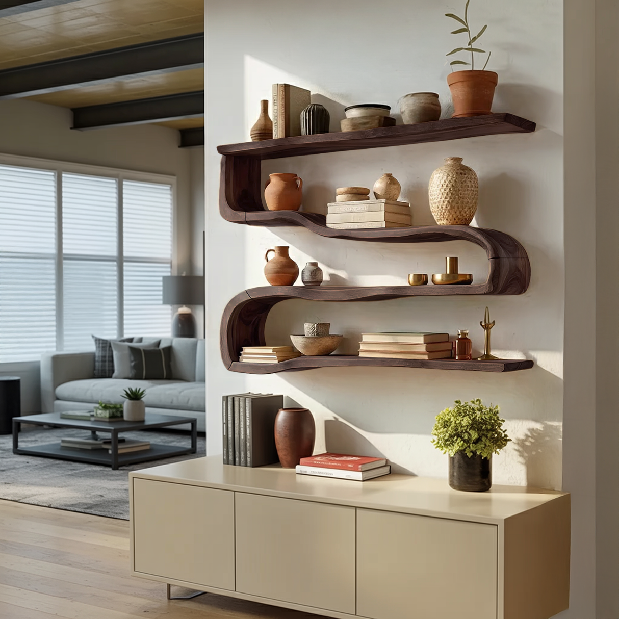 Modern Wooden Shelving Unit For Living Room Wall Storage