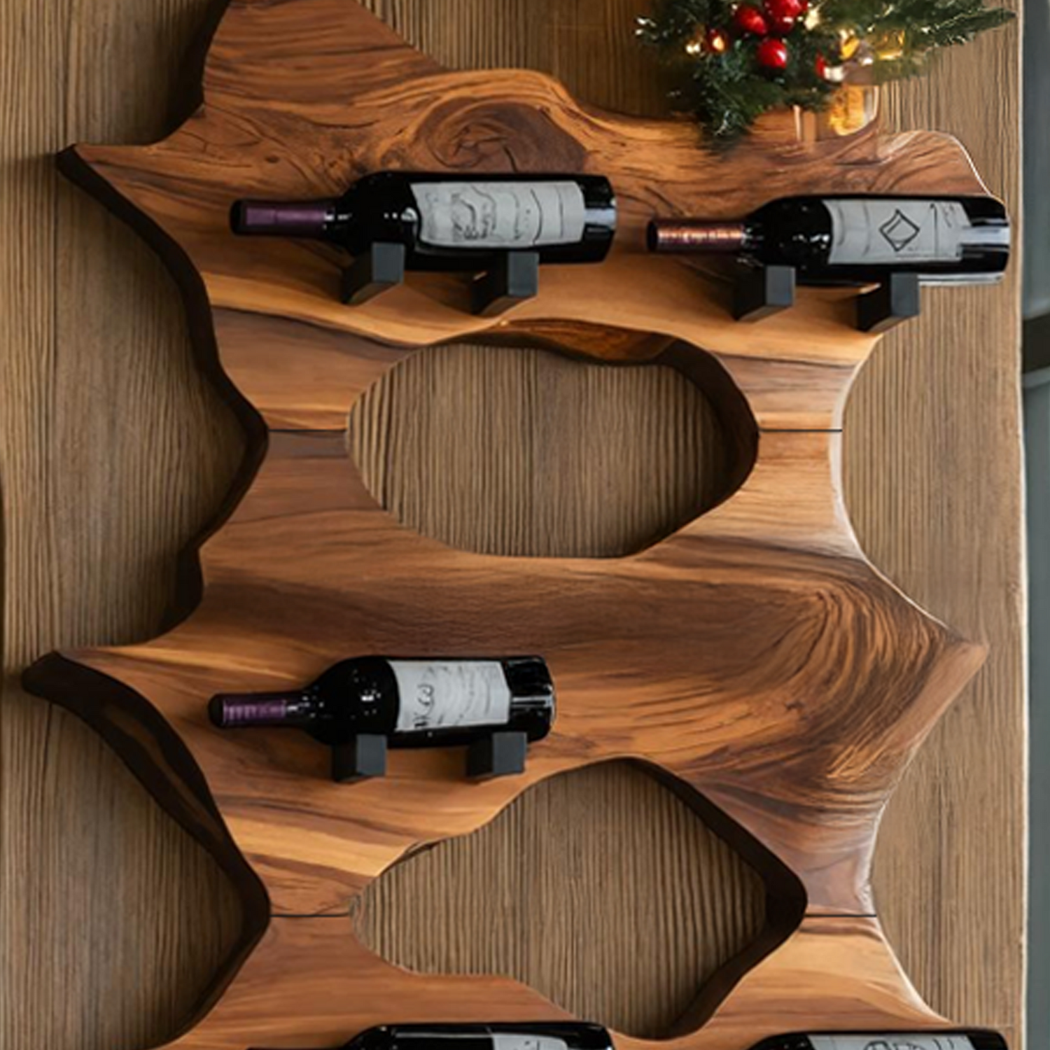 Rustic Solid Wood Live Edge Wine Rack For Entryway
