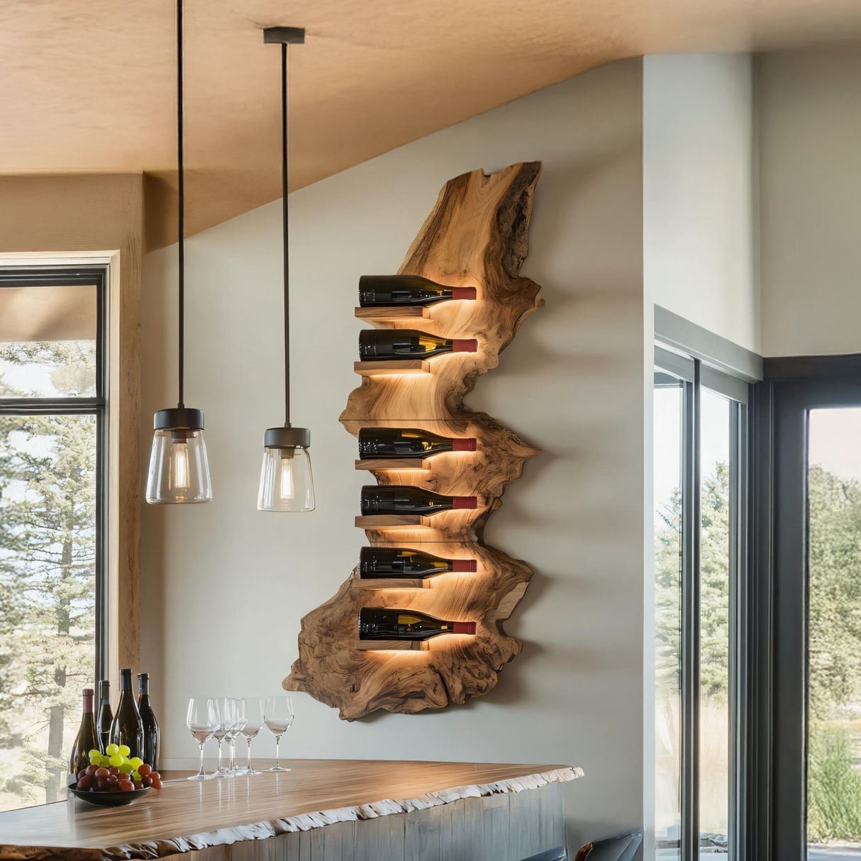 Mid Century Live Edge Wine Holder For Bar Decor Wine Shelf