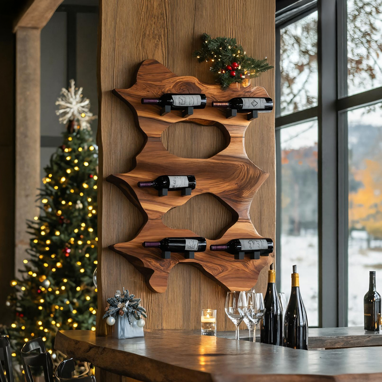 Rustic Solid Wood Live Edge Wine Rack For Entryway