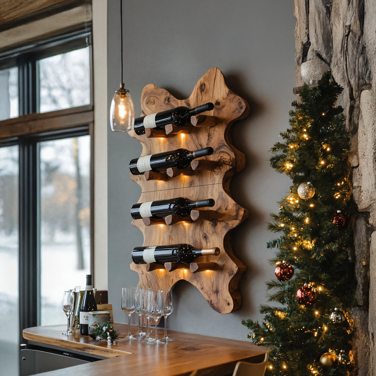 Rustic Live Edge Wall Wine Rack For Cozy Dining Rooms