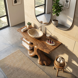 Handcrafted Solid Wood Bathroom Vanity With Shelf For Natural Bathroom