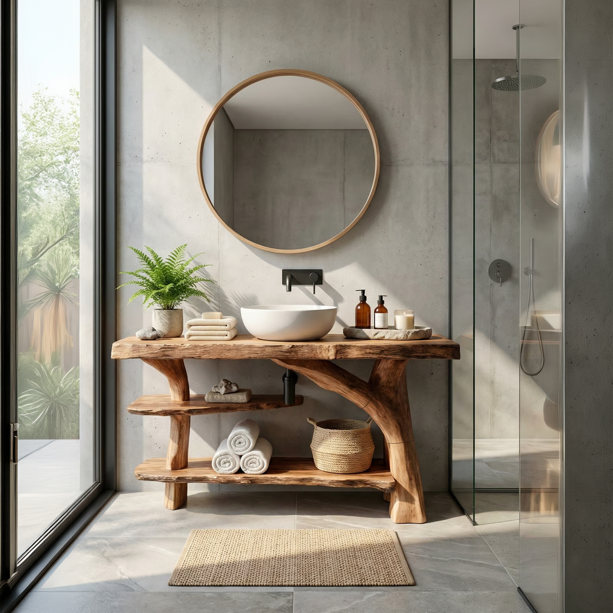 Mid Century Live Edge Bathroom Vanity Organic Wood For Luxury Spa Bath