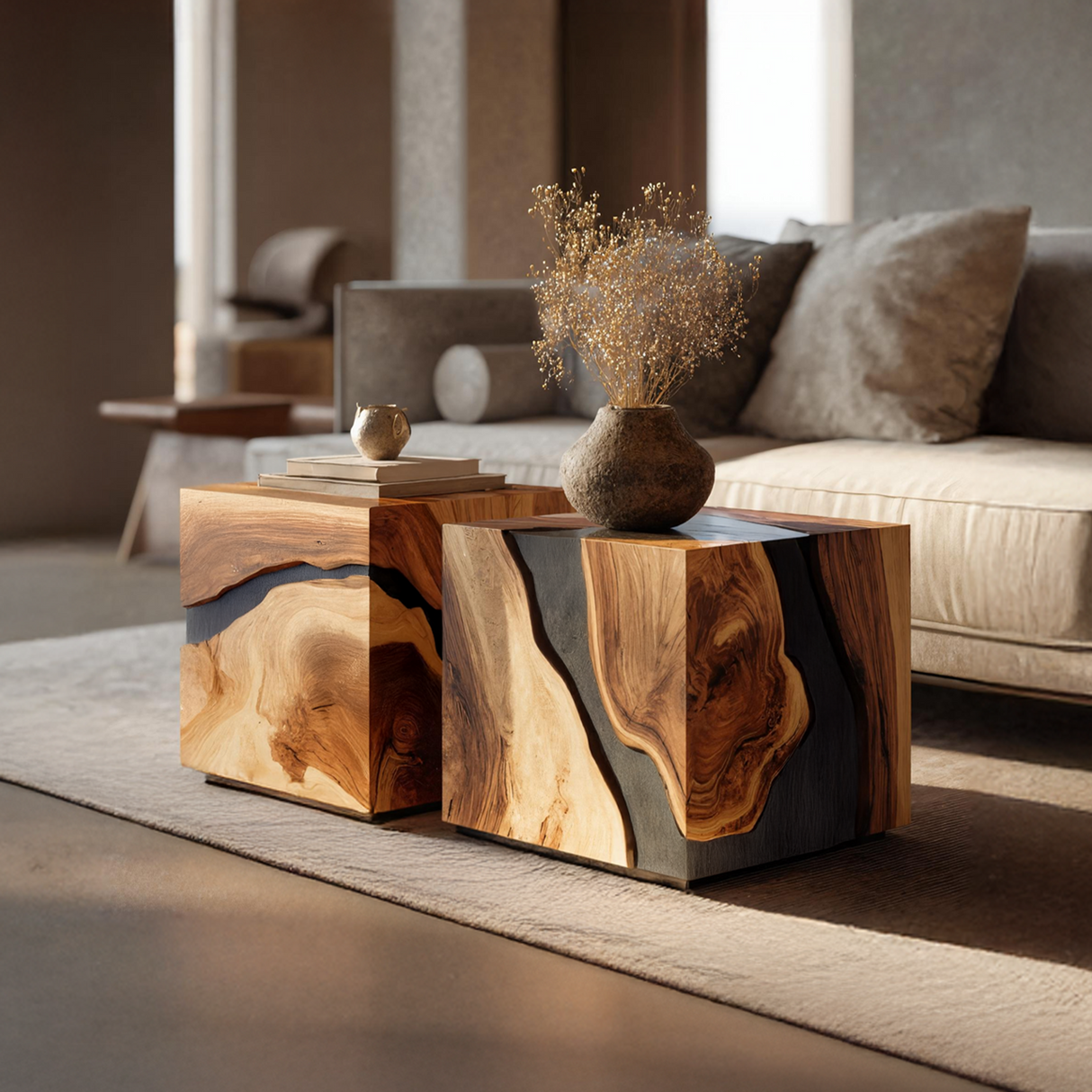 Mid Century Wooden Cube Coffee Table For Entryway Decor